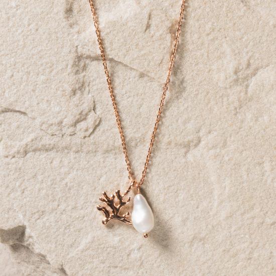 Rose Gold Pearl Necklace - Fine chain necklace featuring a uniquely molded coral pendant and rough pearl pendant. Fine brass, plated with rose gold.
